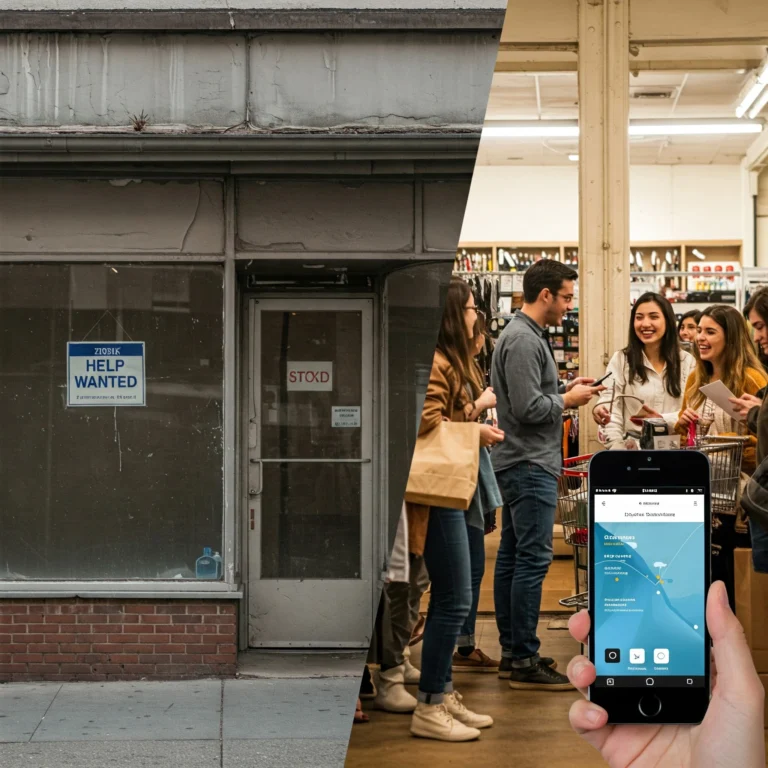 On the left side of the image closed/abandoned store, "Help Wanted" pasted on the glass window. On the right aide of the image , inside a crowded supermarket guy and group of girls chatting, at the center there's a shopping cart. There's a hand help smartphone in the foreground.