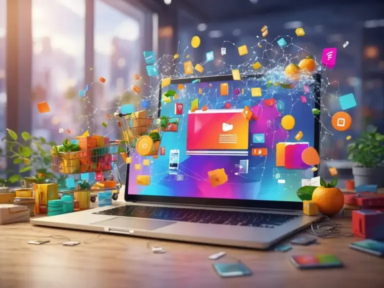 Illustration of an open laptop on a wooden surface, with a colorful website interface displayed on the screen. Floating around the laptop are miniature shopping carts filled with colorful boxes, along with various digital icons representing apps, social media, and data transfer. An orange and a potted plant are also visible on the desk. The illustration conveys a concept of online shopping and digital interconnectedness.