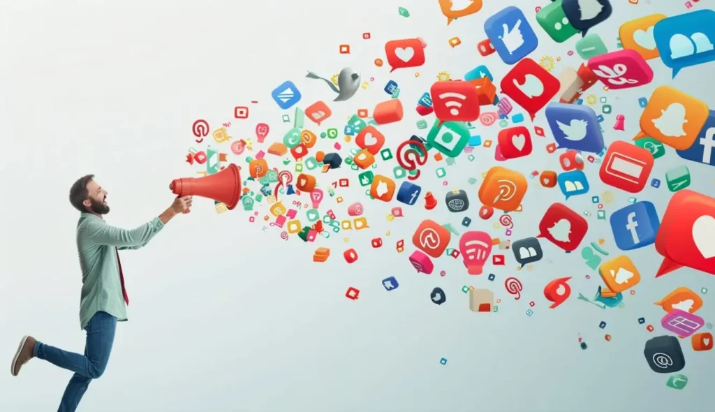 The image captures a dynamic moment where a man with a megaphone is shown unleashing a vibrant array of social media icons, which symbolically represents the powerful influence and reach of digital communication in today's interconnected world. The visual metaphor highlights how voices and messages can be amplified through various platforms, creating a cascade of interactions across the digital landscape.