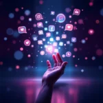 In a visually stunning representation, a human hand extends towards an array of brightly lit digital icons that seemingly float in mid-air. Each icon represents a different social media platform, glowing intensely against a dark, mysterious background. This digital interaction symbolizes the modern connectivity through social media and the virtual touchpoints that keep people linked across the globe.