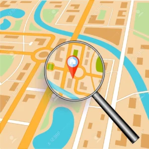Close-up of a map with streets, buildings, and business location being examined with a magnifying glass centered on a red location pin with a white house icon