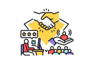 A colorful vector illustration representing customer relationship management. It features a person sitting at a computer and receiving a speech bubble with three gold stars, indicating positive feedback. Above, two stylized hands are depicted in a handshake, suggesting agreement or partnership, set against a yellow diamond shape. To the right, a hand with a purple cuff gently holds a red figure with radiating lines above its head, symbolizing support or care. Below, a group of five simplified figures in various colors (red, light blue, blue, purple, and green) are gathered, representing a community or audience. The overall image conveys a multi-faceted approach to customer engagement and positive relationships.