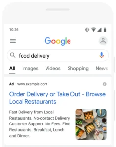 Screenshot of a Google search for 'food delivery' showing an ad for ordering delivery or takeout from local restaurants