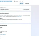 Screenshot of the Meta Ads Manager interface, specifically the 'New Awareness Campaign' setup. The 'Campaign name' field is visible with 'New Awareness Campaign' entered. The 'Special ad categories' section prompts the user to declare if their ads relate to credit, employment, housing, or social issues, elections, or politics, with a link to learn more. The 'Categories' dropdown shows 'No categories declared'. Below, the 'Campaign details' section displays 'Buying type' as 'Auction' and 'Campaign objective' selected as 'Awareness', with an option to 'Show more options'. Buttons for 'Close' and 'Next' are at the bottom.