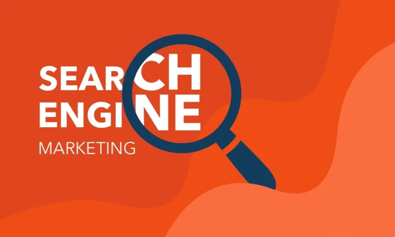 An orange background with abstract, lighter orange wave-like shapes. The words 'SEARCH ENGINE' are stacked and partially overlaid by a large, dark blue magnifying glass, with the letters 'CH' appearing within the lens. Below 'SEARCH ENGINE' and to the left of the magnifying glass is the word 'MARKETING' in a smaller white font. The overall design visually represents the concept of Search Engine Marketing.