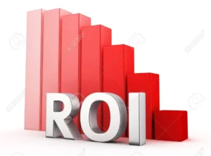 Three-dimensional rendering of the silver, block letters 'ROI' positioned in the foreground. Behind the letters is a bar graph consisting of six rectangular bars, starting with a lighter pink and progressively darkening to a deep red as the bars decrease in height from left to right, visually representing a downward trend. The entire graphic is set against a plain white background, emphasizing the decline in 'Return on Investment'