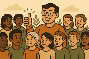 A cartoon-style illustration on a light beige background. A group of approximately twelve people with diverse apparent ethnicities and ages are gathered together. In the center and slightly in front is a person with short brown hair, wearing round glasses and an orange sweater, giving a thumbs-up gesture with their right hand. Three radiating lines emphasize the gesture. Behind and around this central figure are other individuals with varying skin tones, hair styles, and clothing colors, including shades of brown, olive green, and cream. Some appear to be younger, while one individual on the left side has gray hair, suggesting an older age. Stylized beige clouds are visible in the upper corners, and simple green leaf shapes are interspersed among the people, creating a warm and supportive atmosphere.