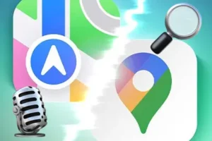 An abstract digital image comparing the icons of Apple Maps and Google Maps. On the left, the Apple Maps icon features a white arrow pointing upwards within a blue circle, overlaid on a stylized map with pink, white, and blue sections. To the bottom left of the Apple Maps icon is a silver retro-style microphone. On the right, separated by a jagged white line suggesting a comparison, is the Google Maps icon: a teardrop-shaped location pin composed of light blue, pink, light yellow, and green sections, with a white circle in the center. A black magnifying glass with a silver rim is positioned above and slightly to the left of the Google Maps icon, appearing to examine it. The background is a blurred gradient of light blue and white, giving a digital and slightly distorted effect.